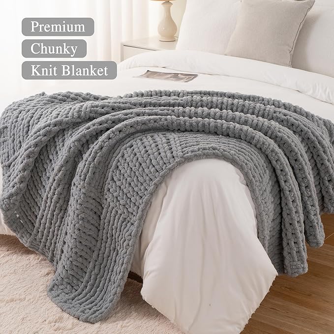 Bunnikins & Clover Chunky Knit Throw Blanket for Couch, Light Grey Throw Blanket for Home Decor, Handmade Chenille Cable Knit Throw Crochet Blanket, 50"x60"