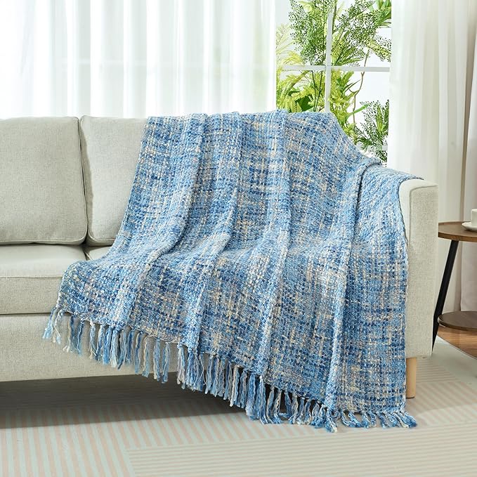 Multi-Color Light Blue Cable Woven Throw Blanket for Couch,60"X80" Boho Style Textured Blankets for Home Decor,Super Soft Warm Cozy Chunky Blanket with Decorative Tassels for Bed