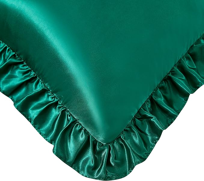 Silky Satin Ruffled Pillow Cases for Hair and Skin,Blackish Green Silk Pillowcases Standard Set of 2 with Envelope Closure Princess Room Decoration