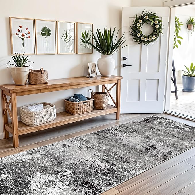 3x10 Washable Hallway Runner Rug - Non Slip Modern Wide Carpet for Kitchen Entryway Bathroom with Rubber Backing,Low Pile Thin Long Floor Runner Indoor（Black Grey,3x10）
