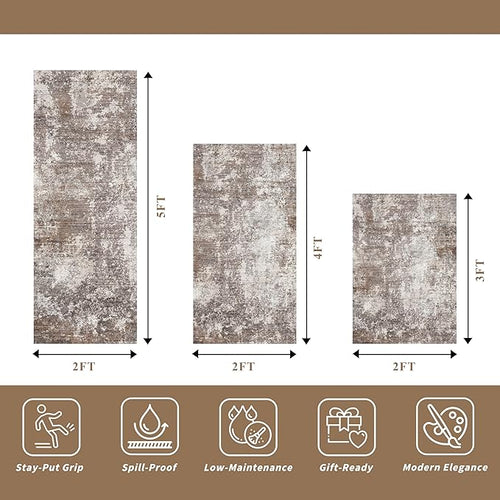3-Piece Kitchen Rug Set with Runner – Non-Slip Washable Small Kitchen Mats for Floor, Sink & Entryway – Soft Boho Throw Area Rugs for Kitchen Decor (Brown Beige, 2x3+2x4+2x5)