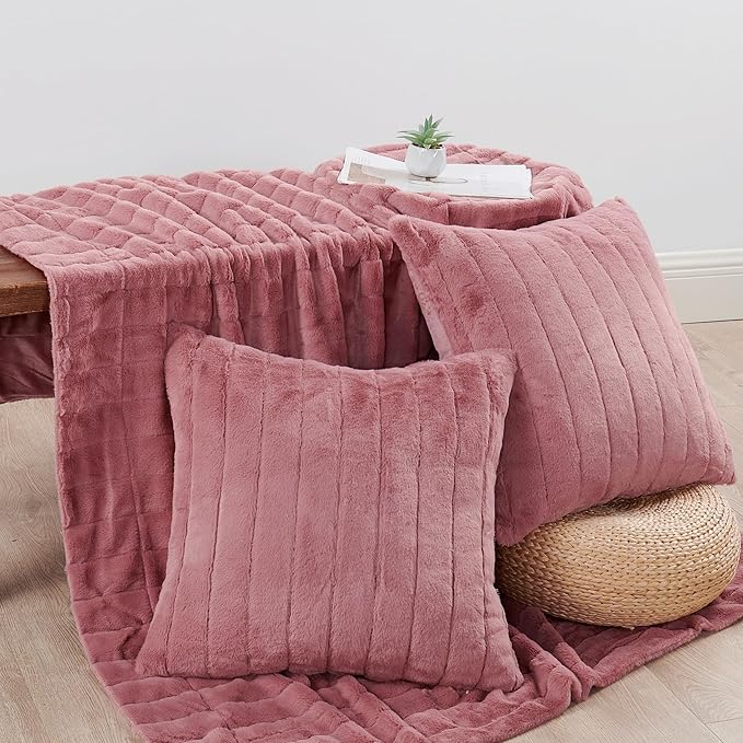 Striped Throw Blanket and Pillow Covers Set (No Inserts) for Couch and Bed, Plush Warm Lightweight Fuzzy Faux Fur Blanket for All Seasons (50" x 60", Dusty Rose)