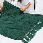 PAVILIA Emerald Green Chenille Throw Blanket for Couch Sofa, Soft Green Knit Throw with Tassel, Decorative Blanket for Bed Chair Living Room, Emerald Green 50x60
