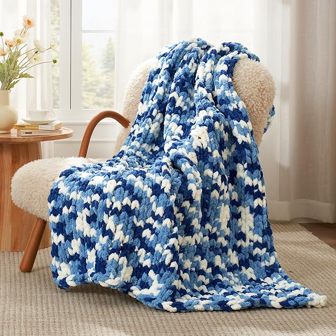 Amélie Home Chunky Knit Throw Blanket for Couch, Soft Chenille Handmade Crochet Throw Rope Knot Blanket for Couch, 50"x60", Space-Dyed Blue