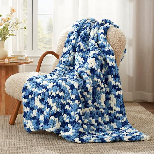 Amélie Home Chunky Knit Throw Blanket for Couch, Soft Chenille Handmade Crochet Throw Rope Knot Blanket for Couch, 50"x60", Space-Dyed Blue