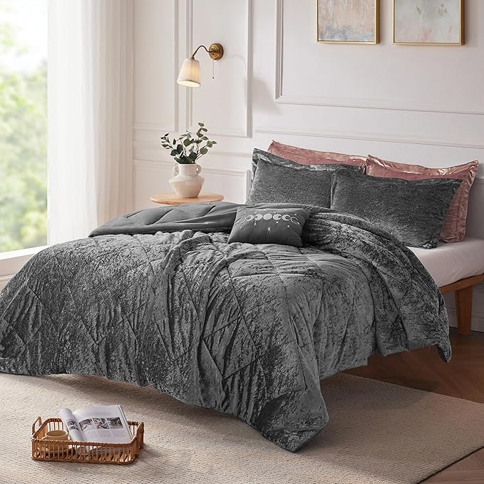 Intelligent Design Twin Comforter Set, Velvet Comforter Set , Luxury Diamond Quilting Comforter Set, Fluffy Comforter Bed Set with Decorative Pillowand 1 Sham, 3 Piece Grey, Twin/Twin XL