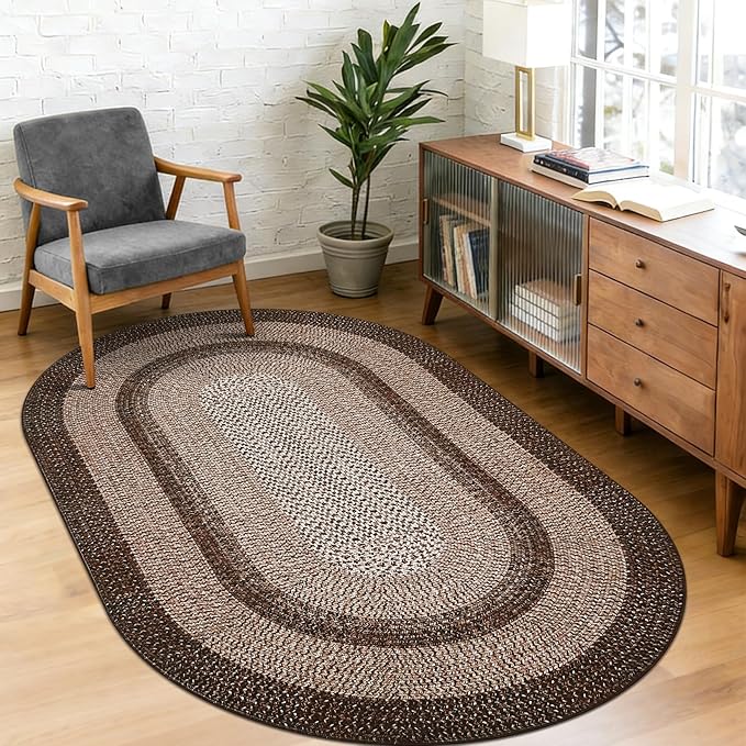 5x8 Oval Living Room Area Rug Washable Modern Border Bedroom Bedside Area Rugs Non Slip Low Pile Dining Room Oval Throw Carpet Contemporary Rugs for Living Room Kitchen Nursery, Brown