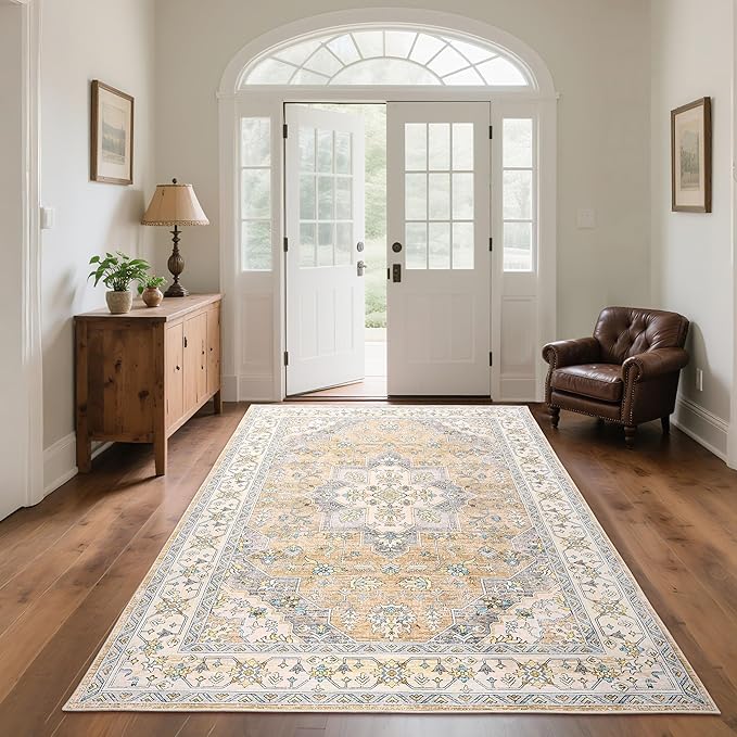 CRYPTOLITE Vintage Area Rug 5x7 Rugs, Machine Washable Rug Non-Slip Low Pile Rug for Living Room, Bedroom, Farmhouse, Dining Room, Beige