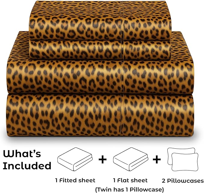 Satin Sheets California King [4-Piece, Gold Leopard] Luxury Silky Bed Sheets - Extra Soft 1800 Microfiber Sheet Set, Wrinkle, Fade, Stain Resistant - Deep Pocket Fitted Sheet, Flat Sheet, Pillow Cases