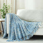Multi-Color Light Blue Cable Woven Throw Blanket for Couch,60"X80" Boho Style Textured Blankets for Home Decor,Super Soft Warm Cozy Chunky Blanket with Decorative Tassels for Bed