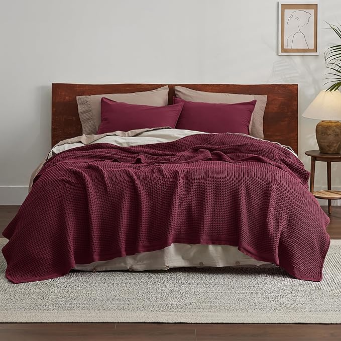Bedsure Gentlesoft 100% Cotton Blanket Queen Size for Bed - Breathable and Soft for Spring Summer, Thick Cozy Waffle Weave Blanket Gifts for Women, Red, 90x90 Inches