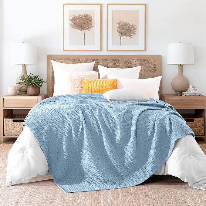 Elegant Comfort Premium 100% Cotton Waffle Blanket - Lightweight Breathable Waffle Weave Bed Blanket - Soft and Warm All Season Blanket for Couch, Sofa and Bed, Queen Size 90x90 Inches, Light Blue