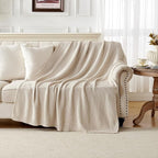 Joydeco Chunky Cable Knit Throw Blanket, Lightweight 100% Organic Cotton Soft Cozy Throw Twin Blanket for Couch Bed and Sofa, Rustic Breathable Farmhouse Blanket Gift for Women Men(Beige, 60"x80")