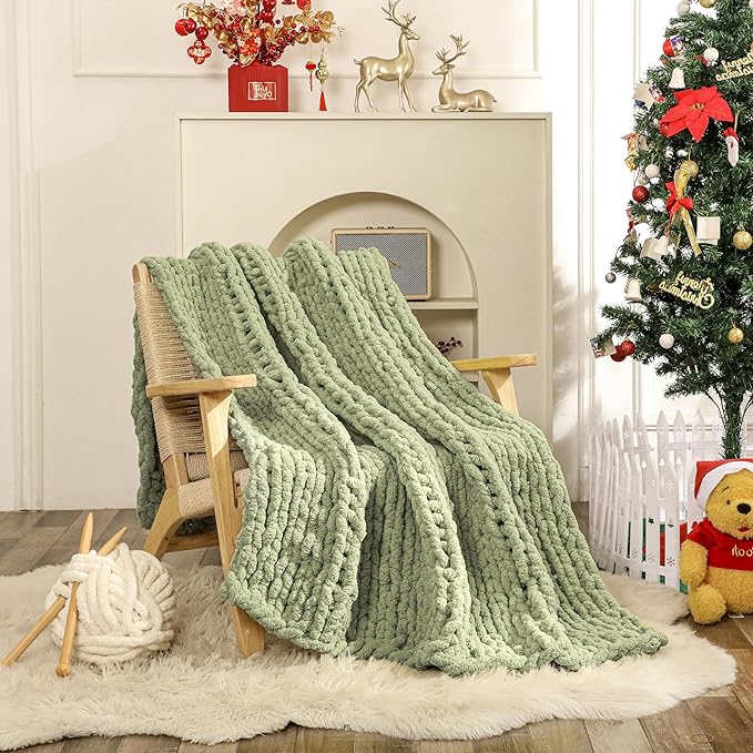 WESHIONGOO Chunky Knit Blanket Throw 51"×63" Knitted Throw Blankets for Couch Bed Fluffy Soft Blanket with Jumbo Chenille Yarn Thick 100% Handmade (Sage Green)