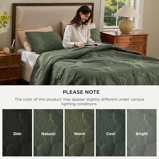 Bedsure King Quilt - Olive Green Bedspread King Size & Lightweight Comforter, Modern Coverlet with Mandala Pattern, Ultra Soft All-Season Bedding, 106 x 96 Inches | Stitch-Free Quilting, Ultra Soft, Lightweight, Machine Washable, Pet-Friendly