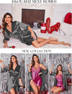 Ekouaer Women's Satin Robe Valentines Lingerie for Women Kimono Bathrobe Short Ruffle Belted Robes Bridesmaids Sleepwear