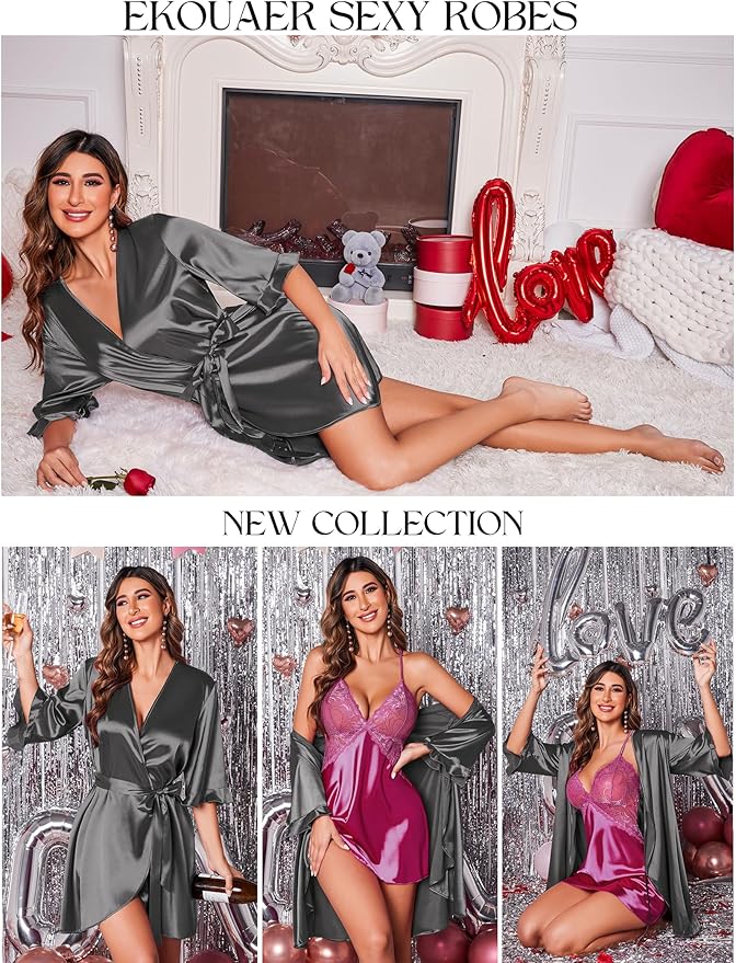 Ekouaer Women's Satin Robe Valentines Lingerie for Women Kimono Bathrobe Short Ruffle Belted Robes Bridesmaids Sleepwear