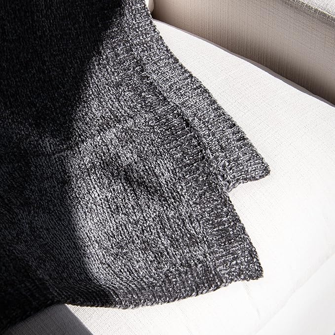 Best Home Fashion Super Soft Luxe Sheen Chenille Throw Blanket, Warm and Cozy Knitted Decorative Blanket for Sofa, Couch and Bed All Seasons 50 x 60 Inches- Grey