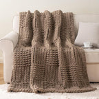 Bunnikins & Clover Beige Throw Blanket for Couch, Chunky Knit Beige Throw for Bed, Neutral Throw Blankets Tan Throw Blanket for Room Decor Housewarming Gifts, 50"x60"