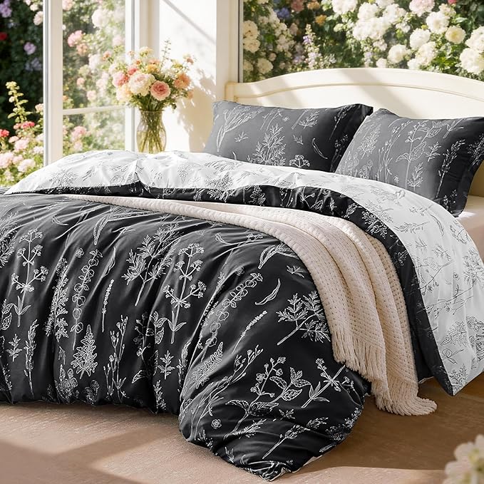 Love's cabin Black Twin Comforter Set - Twin XL Size Comforter Set Dorm Bedding, 2 Pieces Cute Floral Bedding, Soft Reversible Flowers Comforter, 1 Comforter & 1 Pillow Sham
