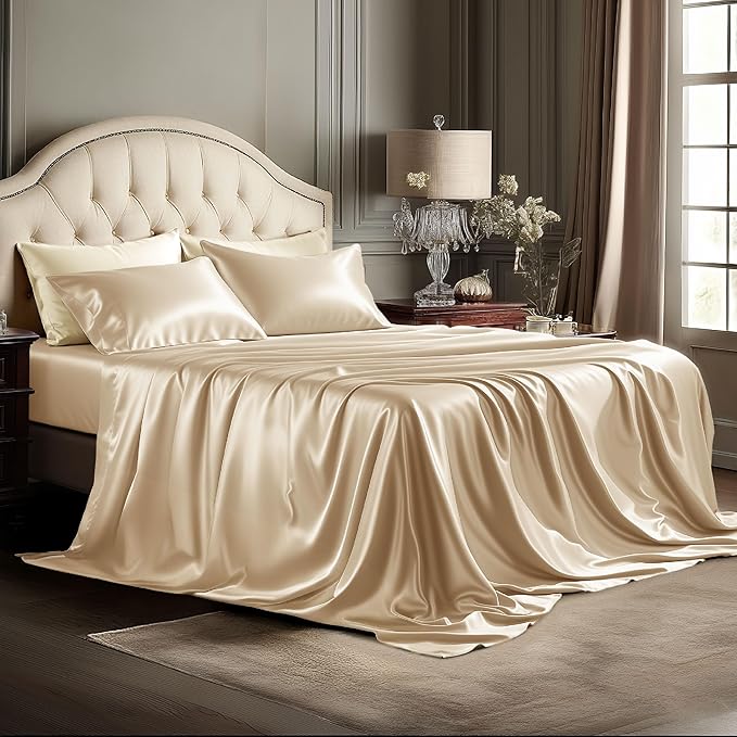 Bedsure Satin Sheets King Size - 4 Piece Silky Bedsheets with Elastic Corner Straps and 15 Inches Deep Pocket Fitted Bedsheet,1 Flat Sheet, 2 Satin Pillowcases, Good for Hair & Skin (King, Champagne)
