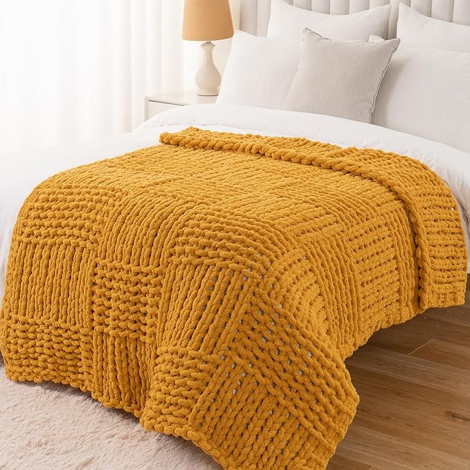 Bunnikins & Clover Mustard Yellow Throw Blanket for Couch, Chunky Knit Gold Blanket Throw with Chenille Yarn for Bed Living Room Home Decor, 50"x60"