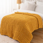 Bunnikins & Clover Mustard Yellow Throw Blanket for Couch, Chunky Knit Gold Blanket Throw with Chenille Yarn for Bed Living Room Home Decor, 50"x60"