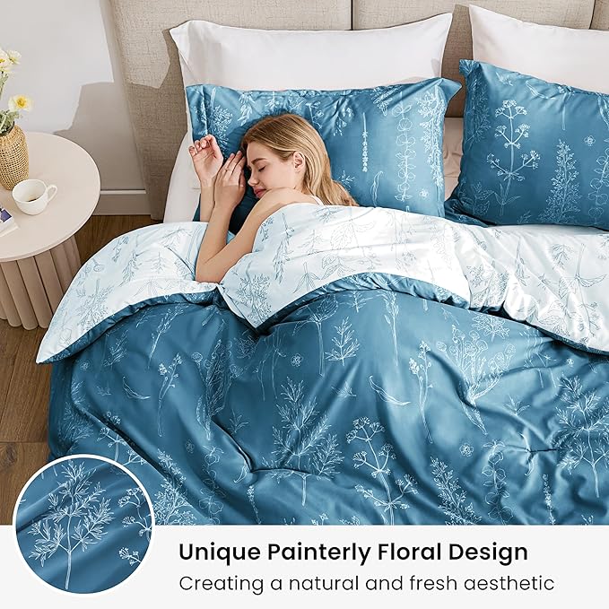 Love's cabin Mineral Blue Twin Comforter Set - Twin XL Size Comforter Set Dorm Bedding, 2 Pieces Cute Floral Bedding, Soft Reversible Flowers Comforter, 1 Comforter & 1 Pillow Sham