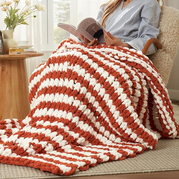 Amélie Home Chunky Knit Throw Blanket for Couch, Soft Chenille Handmade Crochet Throw Rope Knot Blanket for Couch, 50"x60", Burnt Orange & White Striped