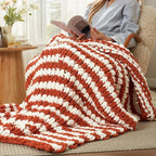 Amélie Home Chunky Knit Throw Blanket for Couch, Soft Chenille Handmade Crochet Throw Rope Knot Blanket for Couch, 50"x60", Burnt Orange & White Striped