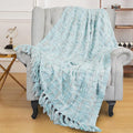 Multicolored Chenille Knitted Throw Soft Cozy Fluffy Reversible Boho Plaid Throw Blanket with Tassels for Couch Chair Bed Cover Living Room Bedroom Décor, 50" x 60", Light Blue