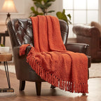 Chanasya Premium Textured Knit Throw Blanket with Tassels - Soft, Cozy Blanket for Couch, Bed, Living Room - 50" x 65” - Rust