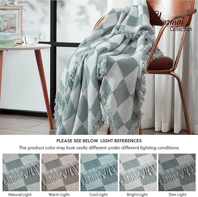 Chezmoi Collection Kendall Checkered Cotton Muslin Throw Blanket 50" W x 60" L, Knit Woven Gauze Blanket with Frayed Tassels for Bed Couch Travel Lightweight Breathable Cozy Throw, Gray/White