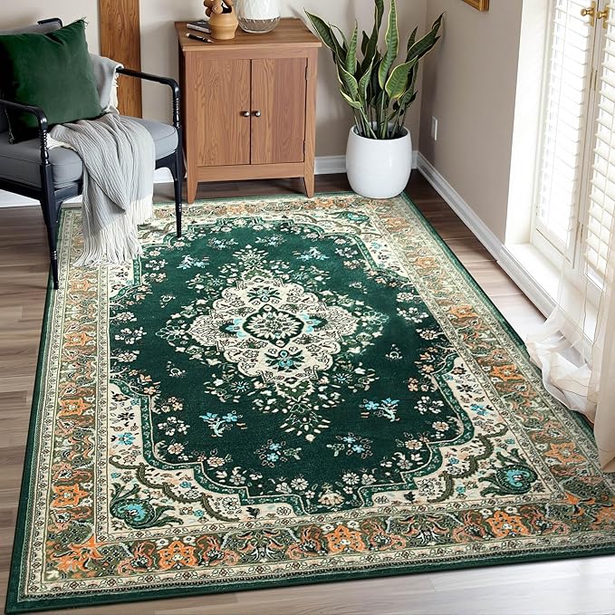 CRYPTOLITE Vintage Area Rug 5x8 Rugs, Machine Washable Vintage Area Rug Non-Slip Low Pile Large Rug for Living Room, Bedroom, Farmhouse, Dining Room, Green