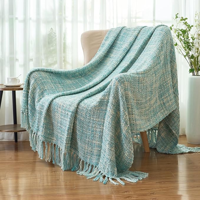 Multi-Color Turquoise Cable Woven Throw Blanket for Couch,60"X80" Boho Style Textured Blankets for Home Decor,Super Soft Warm Cozy Chunky Blanket with Decorative Tassels for Bed