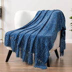 Pavilia Blue Throw Blanket, Twin Size, Chenille, Knit Woven with Tassel, Decorative Textured, 60x80