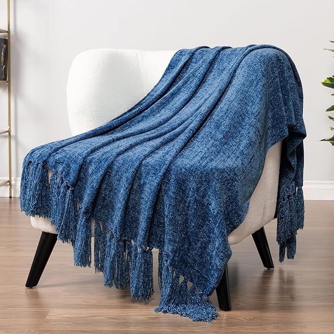Pavilia Blue Throw Blanket, Twin Size, Chenille, Knit Woven with Tassel, Decorative Textured, 60x80