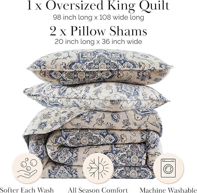 Southshore Fine Living, Inc. Persia Collection Oversized King Quilt, 3-Piece Bedding Set with Lightweight Coverlet and 2 Matching Shams, Persian Rug Style Print, California King Bed Spread, Indigo
