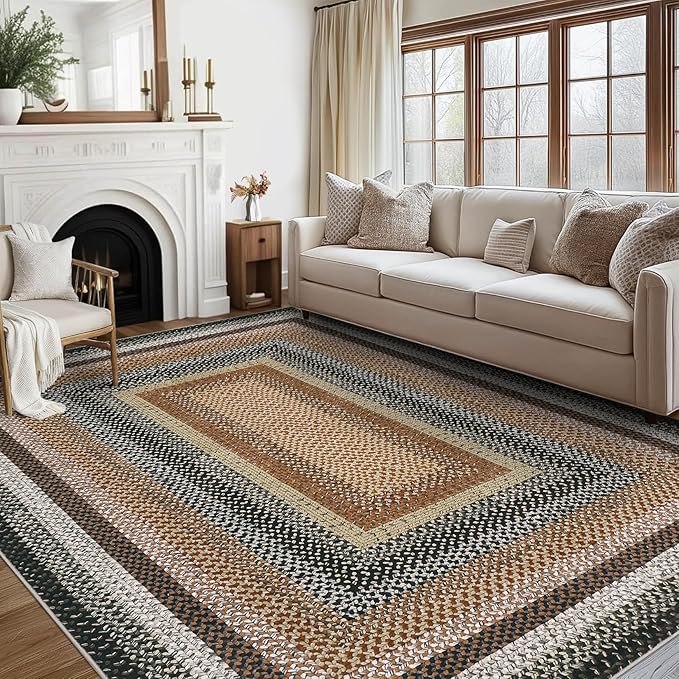 RUGSREAL 9x12 Braided Rug Washable Living Room Area Rug Modern Braid Printed Large Bedroom Carpet Dining Room Rug with Rubber Backing Farmhouse Accent Carpet for Home Decor Office, Sand/Bronze