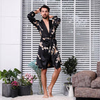 Haseil Men's Satin Robe Dragon Luxurious Silk Spa Long Sleeve House Kimono Bathrobe