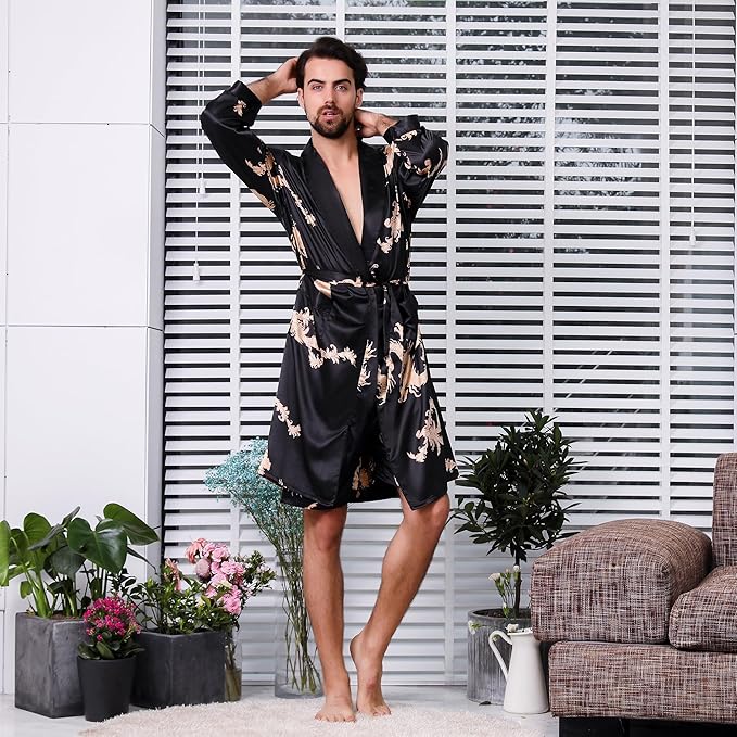 Haseil Men's Satin Robe Dragon Luxurious Silk Spa Long Sleeve House Kimono Bathrobe
