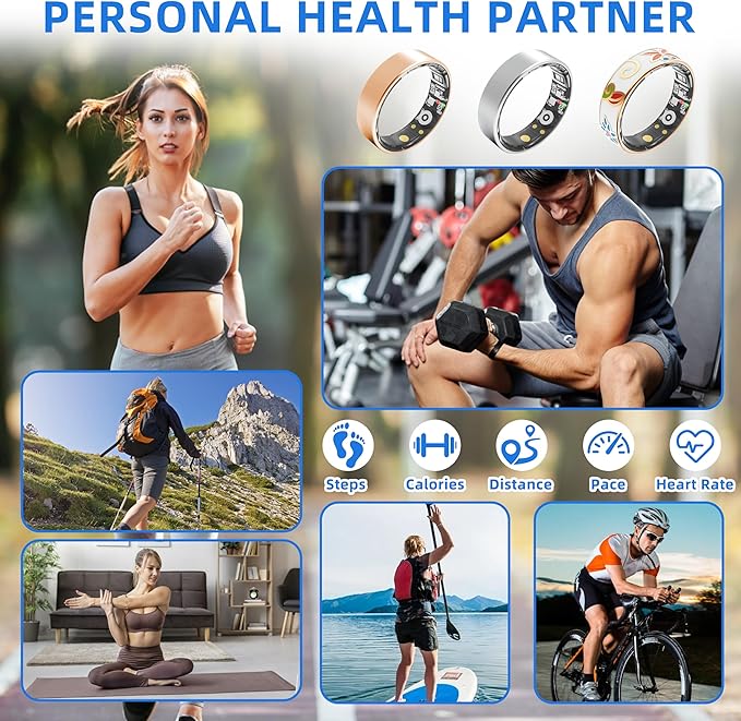Smart Ring Health Tracking, Sleep Tracking, Heart Rate, Blood Oxygen, Blood Pressure，Fitness Ring, Activity Monitoring, 5 Days Battery, 5ATM Waterproof, No Subscription (Gold, 6#)