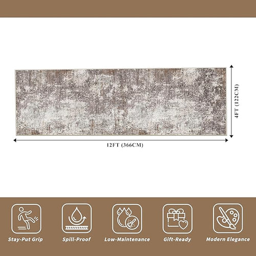 4x12 ft Wide Hallway Rug – Non-Slip Washable Large Long Carpet Runner for Kitchen, Indoor Entryway, Modern Abstract Low-Pile Thin Floor Mat for Bedroom, Living Room, Dining Room (Brown Beige,4x12)