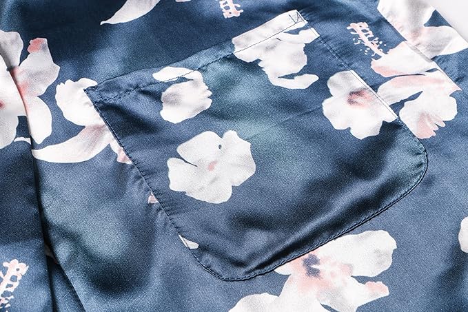 Valennia Women Long Silky Bathrobe Satin Kimono Robe Floral Printed Dressing Gown Sleepwear
