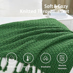 Chunky Knit Throw Blanket with Braided Tassels 50" x 60", Hand Knitted Soft Thick Yarn Basket Weave Boho Farmhouse Blanket, Plush Fluffy Tassel Decor Throw for Couch Bed Sofa, Christmas Green