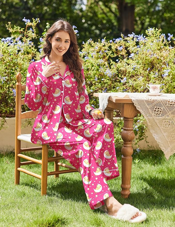 Ekouaer Women's Classic Button Down Long Satin Silk Pajama Set