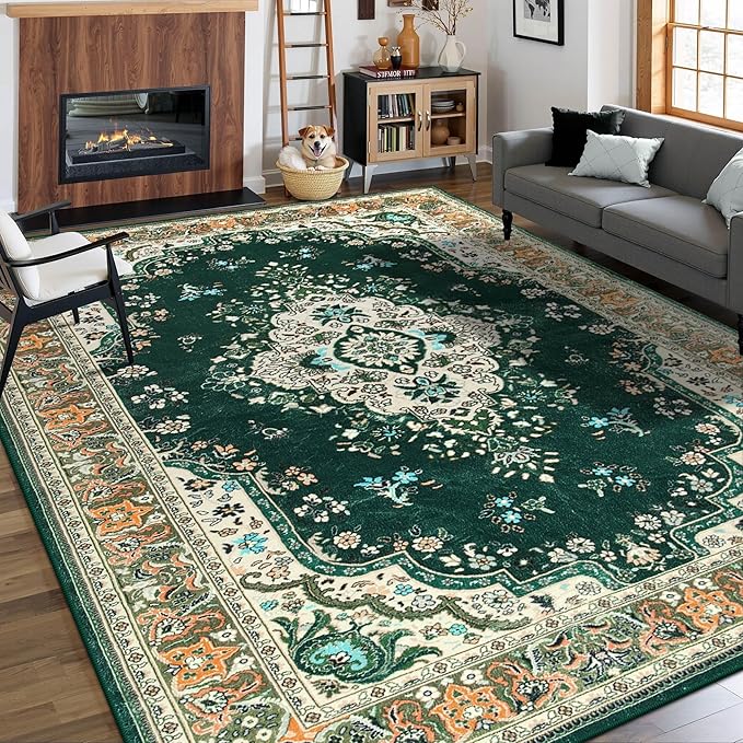 CRYPTOLITE 9x11 Area Rug for Living Room, Modern Washable Rug Non Slip Low Pile Large Area Rugs for Living Room, Bedroom, Farmhouse, Dining Room,Green
