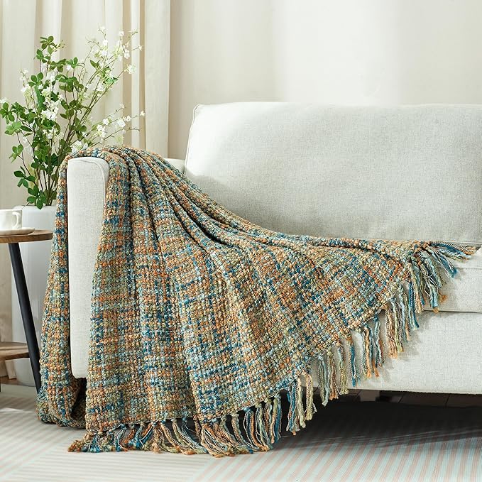 Multi-Color Gold Green Cable Woven Throw Blanket for Couch,60"X80" Boho Style Textured Blankets for Home Decor,Super Soft Warm Cozy Chunky Blanket with Decorative Tassels for Bed