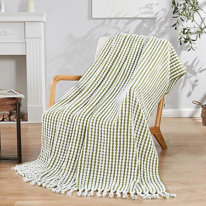 Striped Knit Throw Blanket with Braided Tassels 50" x 60", Hand Knitted Soft Chunky Chain Design Boho Farmhouse Blanket, Two Tone Tassel Decor Throw for Couch Bed Sofa Outdoor, Olive White