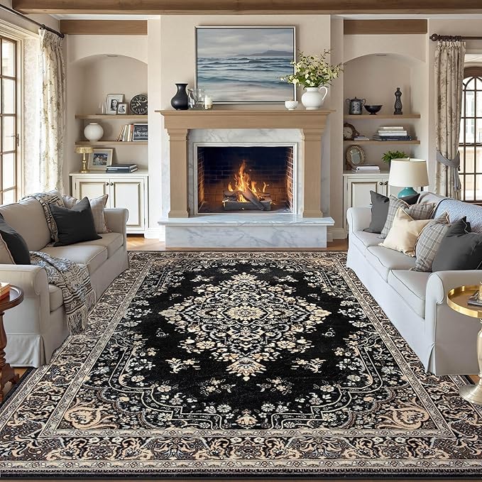 CRYPTOLITE 9x11 Area Rug for Living Room, Modern Washable Rug Non Slip Low Pile Large Area Rugs for Living Room, Bedroom, Farmhouse, Dining Room,Black